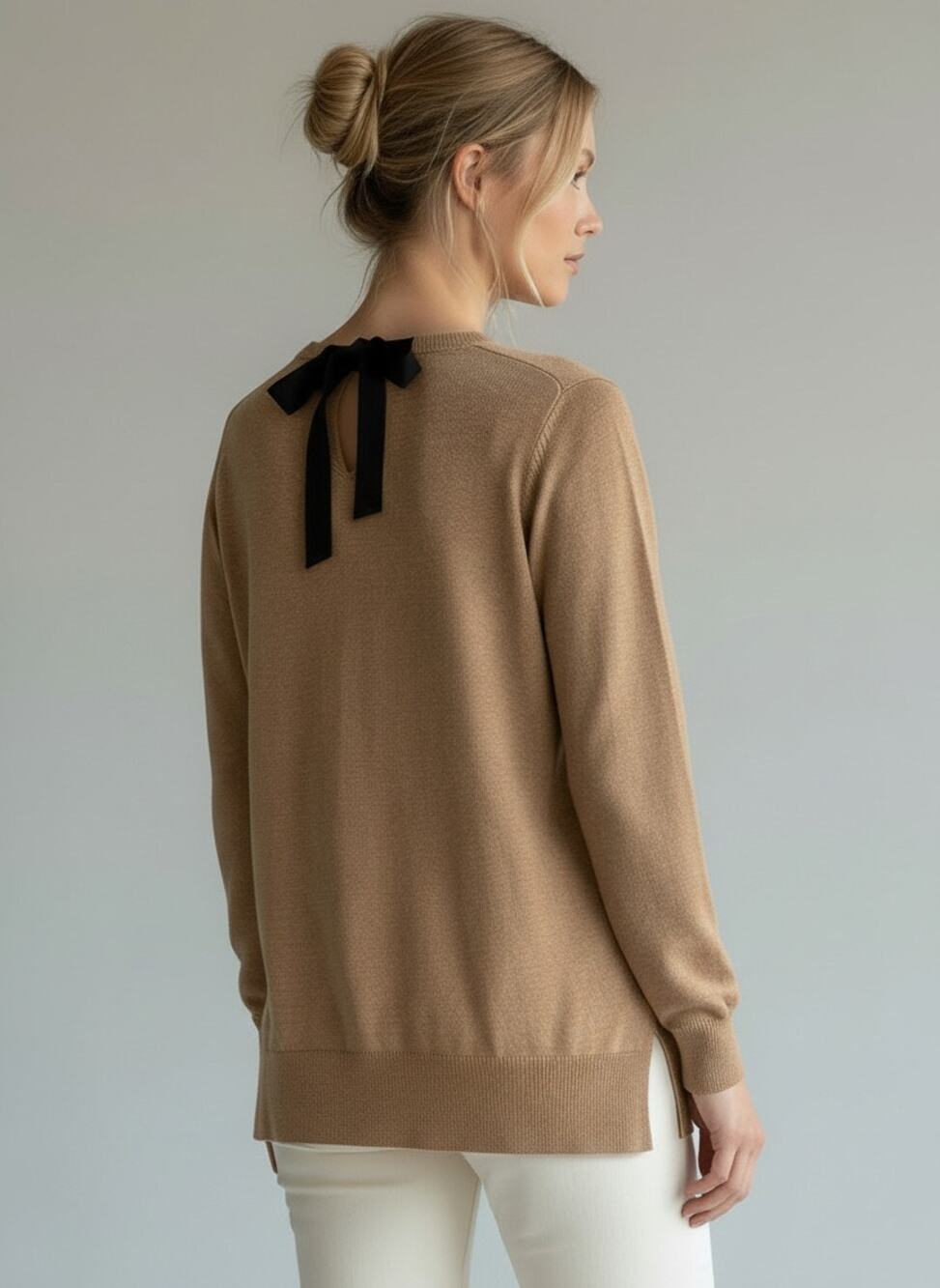 LOFT Camel Sweater Black Bow Tie Back Detail Women Size Medium